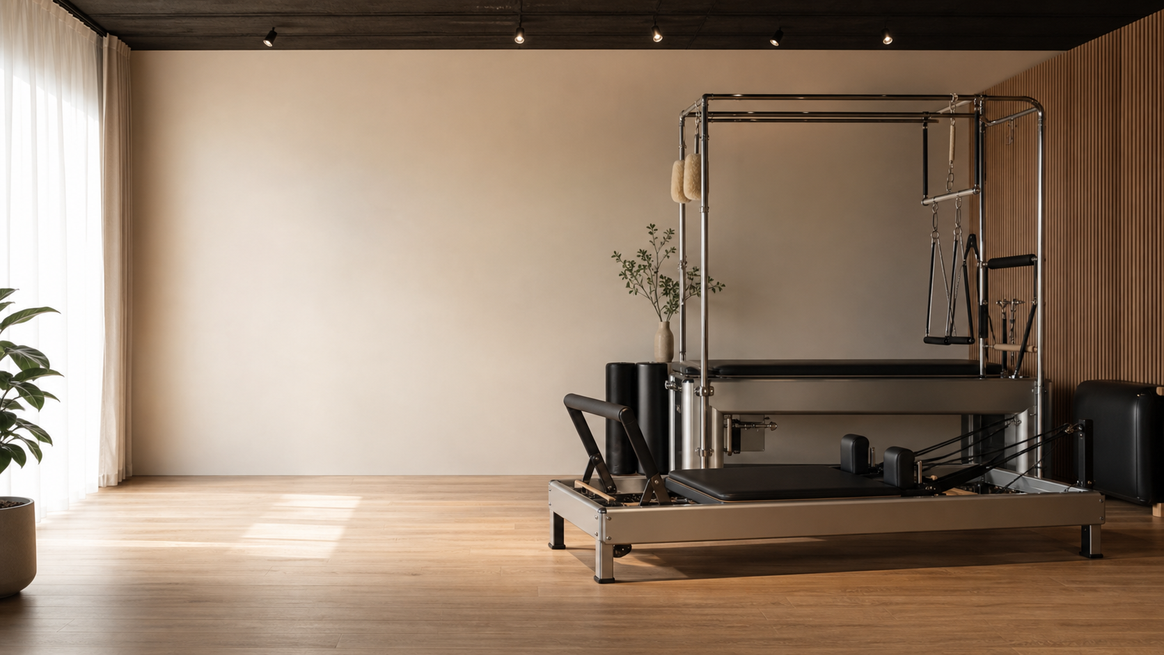 A quiet classical Pilates studio with reformer and Cadillac apparatus.